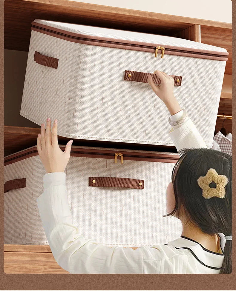 Large Hard Shell Cotton Linen Storage Box with Zippered Lid
