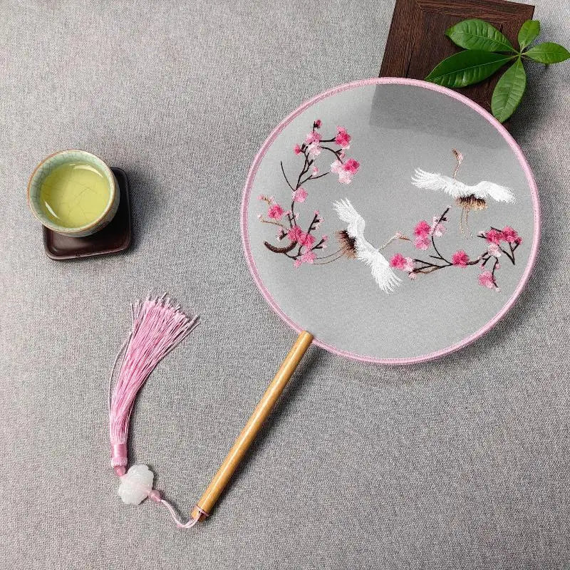 Su Embroidery Silk Round Hand Fan – Wooden Handle & Tassel
