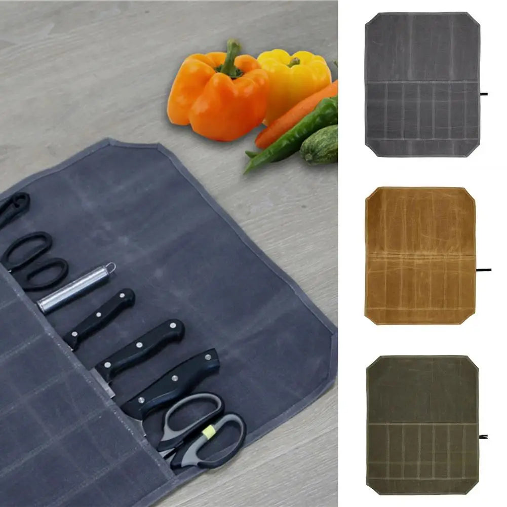 Chef Knife Roll Bag – 7 Pocket Waxed Canvas Knife Organizer Knife Roll Bag Peaceful Pleasures Health and Wellness