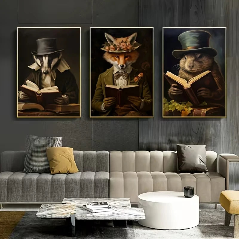 3-Piece Gentleman Animals Reading Canvas Wall Art Print Set Canvas Wall Art Set Peaceful Pleasures Health and Wellness