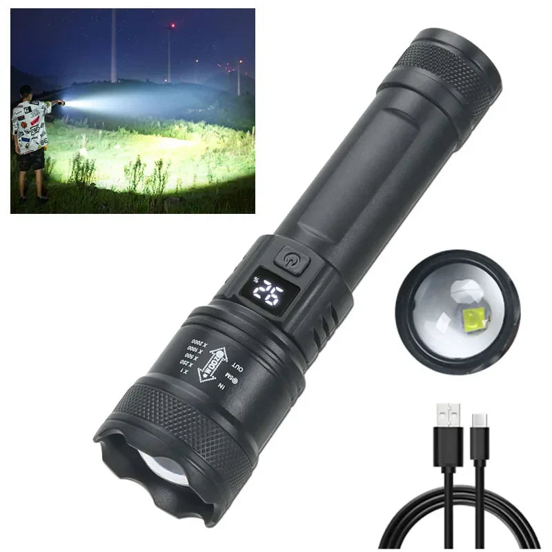 2000LM Zoomable Tactical LED Flashlight – USB Rechargeable Power Bank