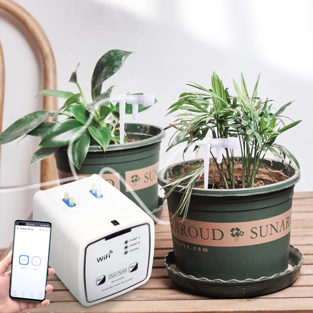 WIFI Irrigation System Remote APP Controller for Garden Terrace Intelligent Watering Device Double Pump Timed Automatic Drip Peaceful Pleasures Health and Wellness 20 Pots
