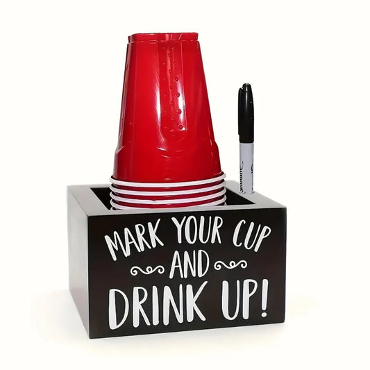Party Cups Holder with Marker Slot Mark Your Cup and Drink Up Dispenser Wooden Cup Organizer Bar Wedding Party Peaceful Pleasures Health and Wellness