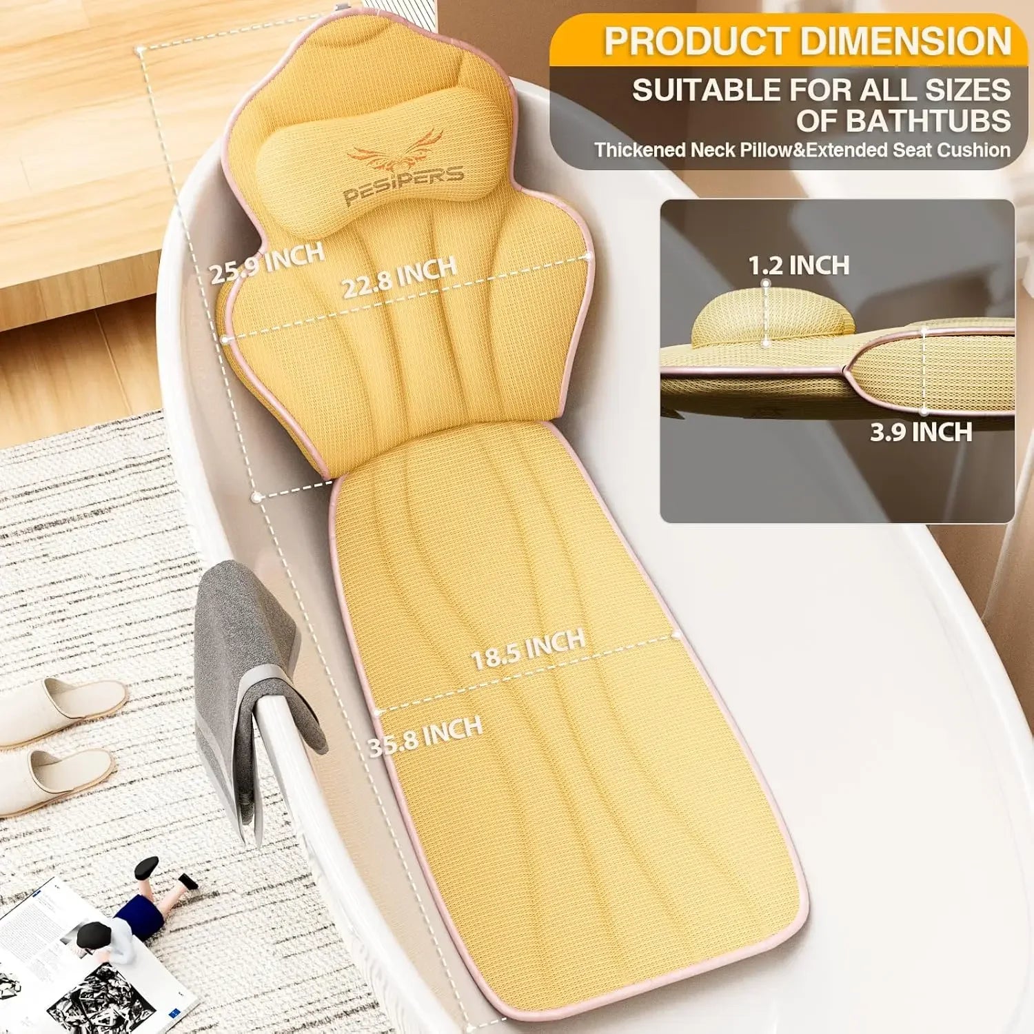 Full Body Bathtub Pillow – 13 Suction Cups, 3.9" Thick Air Mesh Peaceful Pleasures Health and Wellness