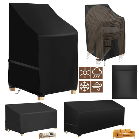 Stacked Chair Cover Waterproof Patio Bench Cover Outdoor Garden Furniture Protector Sofa Seat Rain Snow Dust Proof Covers Black Peaceful Pleasures Health and Wellness