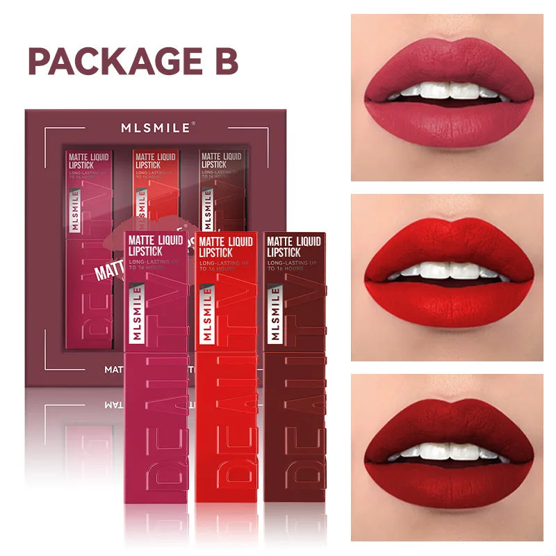 MLSMILE 3-Piece Matte Velvet Lip Gloss Set – 16Hr Wear