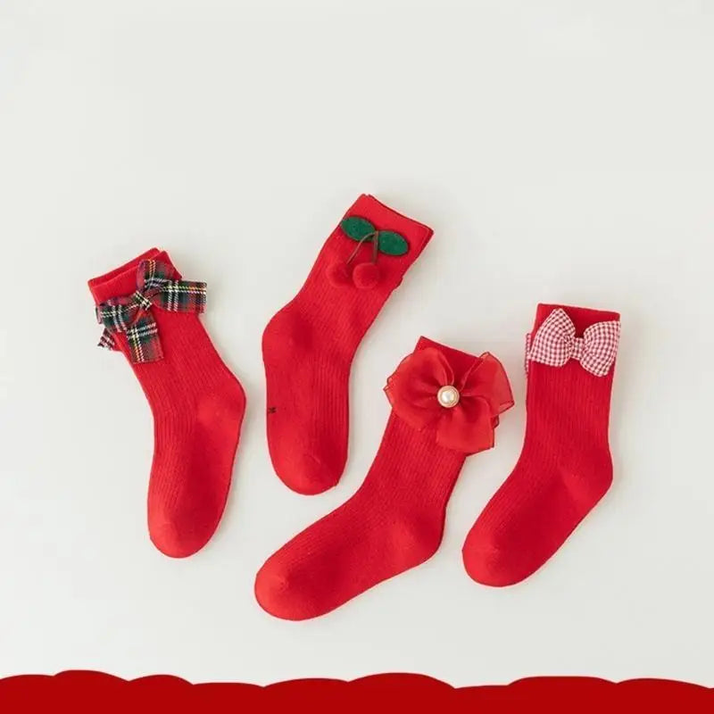 Girls Cotton Bowknot Socks 4-Pack | Middle Calf Kids Socks