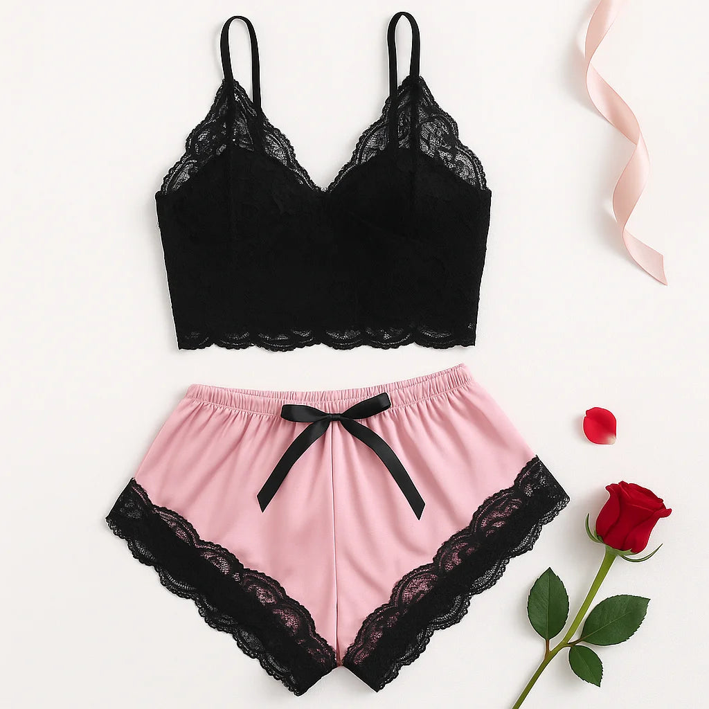 Women's 2 Piece Sexy Lace Pajama Set See-Through Bralette Cami Top and Shorts Breathable Sleepwear Plus Size Summer Lingerie Peaceful Pleasures Health and Wellness
