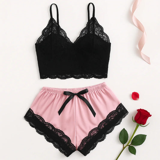 2PCS Women's Satin Pajama Set Lace Cami Top and Shorts Sexy Lingerie Sleepwear Summer Breathable Nightwear Black And Pink Peaceful Pleasures Health and Wellness