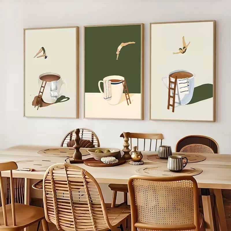 3-Piece Funny Coffee Diver Canvas Wall Art Print | Home Decor