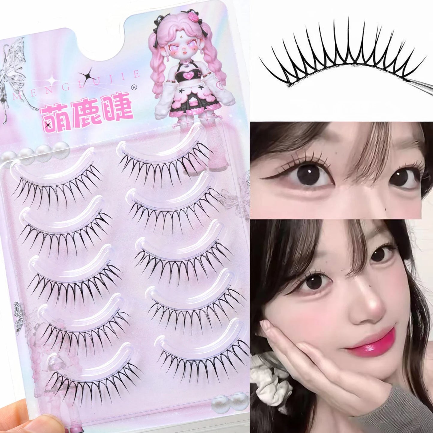Korean U-Shape False Eyelashes – 5 Pairs, Natural Wispy Look