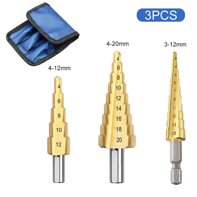 Straight Groove Step Drill Bit HSS Titanium Coated Wood Metal Hole Cutter Core Drilling Tools Set 4 Models 3-12 4-12 4-20 4-32 Peaceful Pleasures Health and Wellness 3pcs3-12 4-12 4-20 Hexagonal