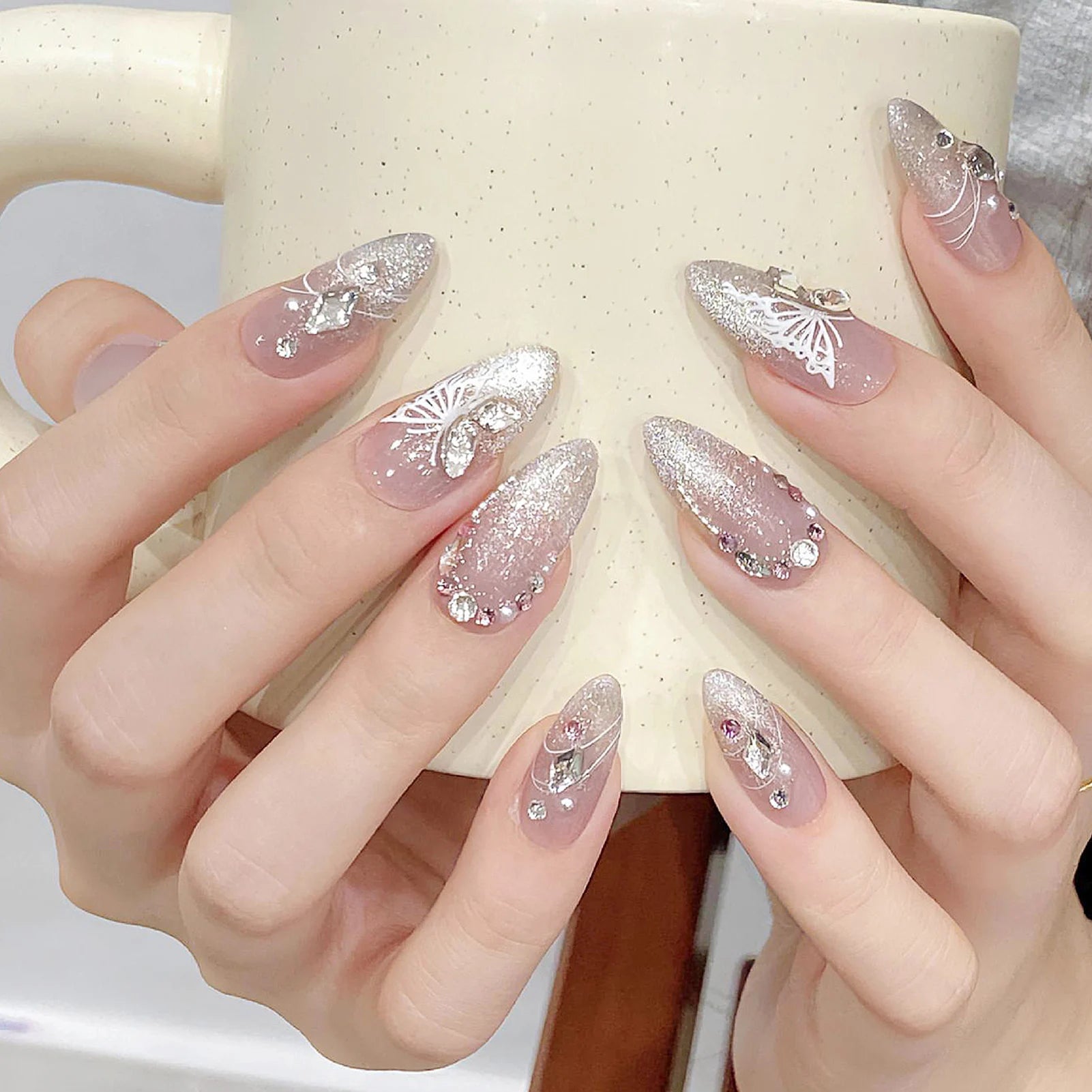 Handmade Press on Nails French Pink Cat Eye Fake Nails with Glitter Love Crystal Design Almond False Nails for Women Wearable Peaceful Pleasures Health and Wellness