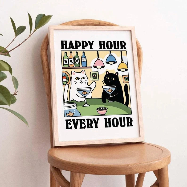 Happy Hour Cartoon Cat Canvas Wall Art Print | Home & Kids Decor