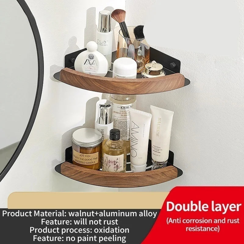 Wood & Aluminum Corner Shower Shelf | Bathroom Wall Organizer