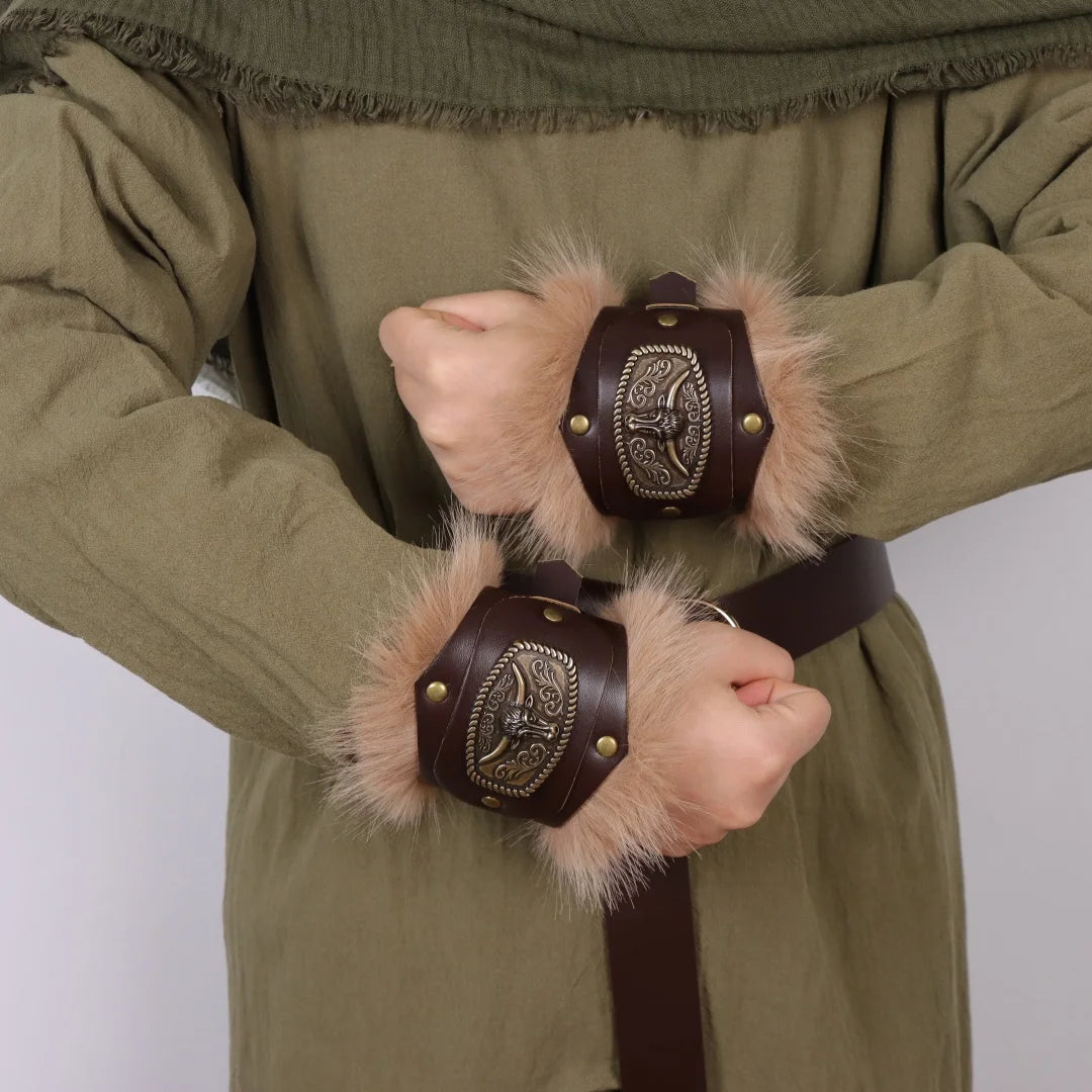 Medieval Knight Bracers Faux Leather Wristwear Furry Trim Retro
