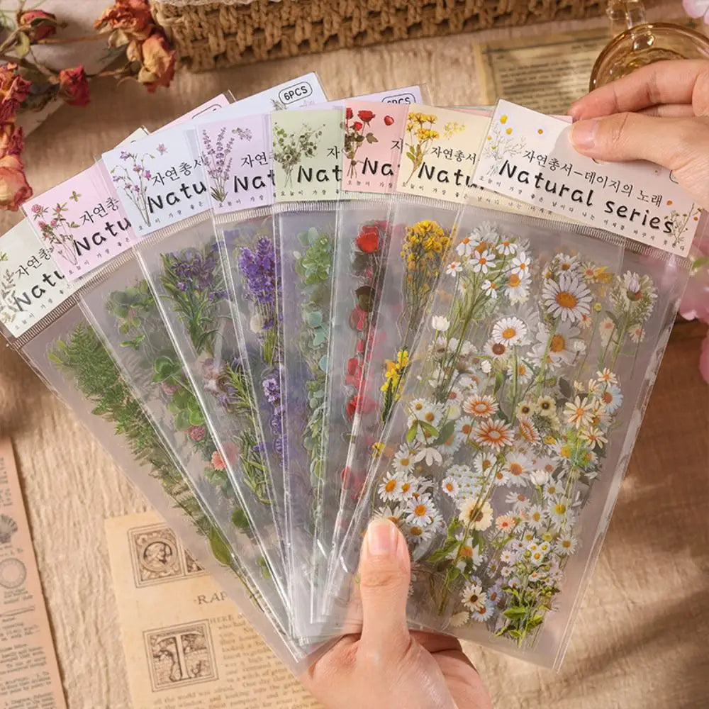6 pcs/pack Nature PVC Plant Flower Sticker Vintage DIY sticker Scrapbook Stickers Adhesive Clear PET Transparent Flower Stickers Peaceful Pleasures Health and Wellness