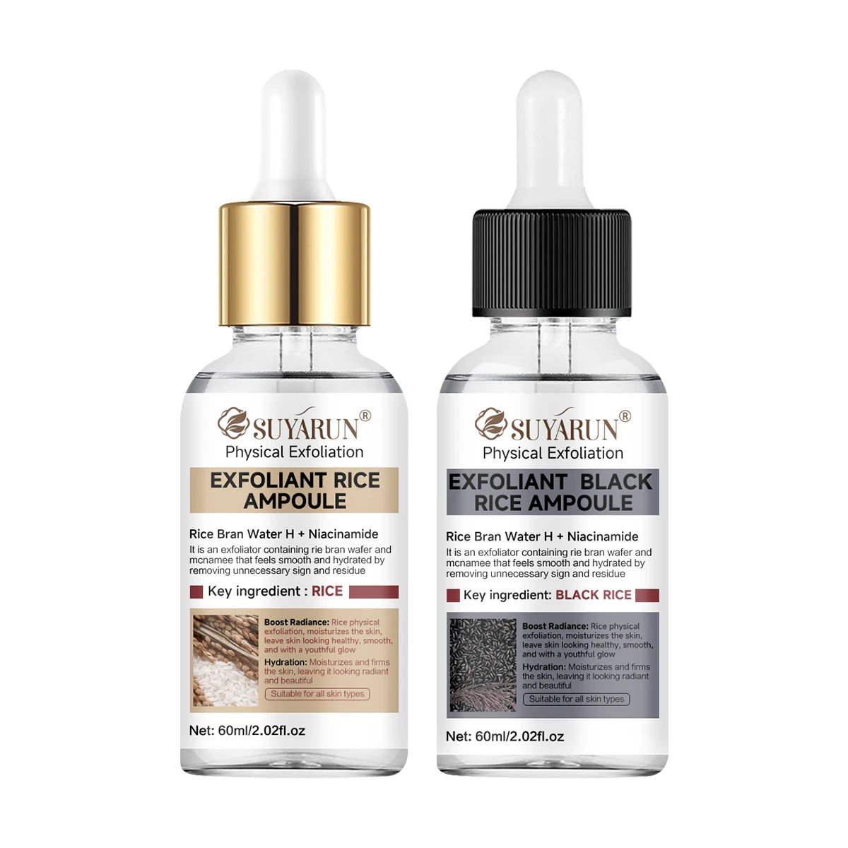 SUYARUN Rice & Black Rice Scrub & Serum Duo - Natural Exfoliating Kit for Face/Body | Pore Cleansing + Brightening Skincare Set. Peaceful Pleasures Health and Wellness 60ml-2