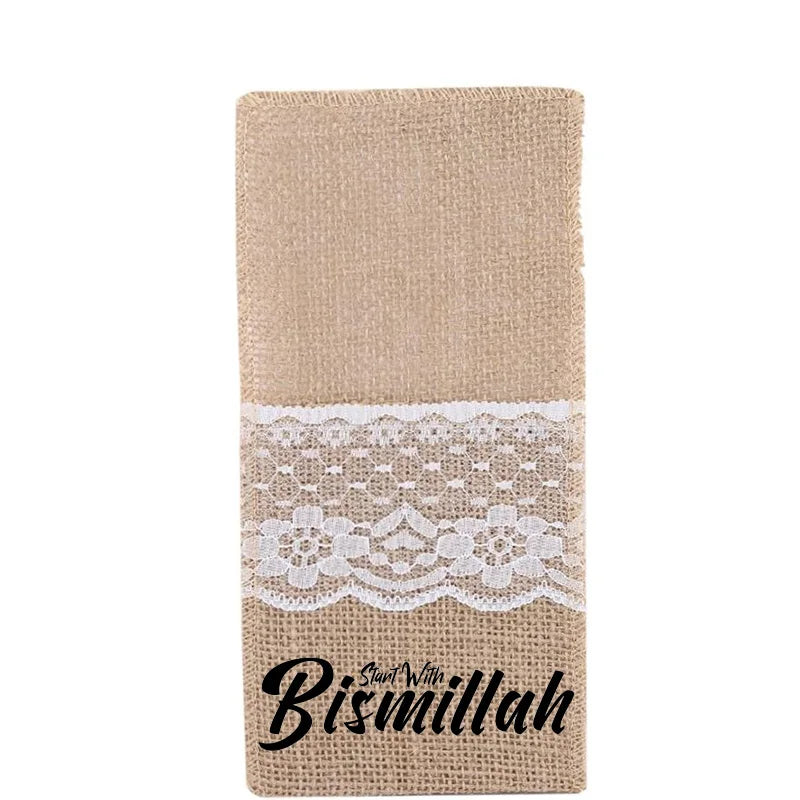 Bismillah Cutlery Holder Bags – Eid & Ramadan Table Decor (5 Pack) Cutlery Holder Bags Peaceful Pleasures Health and Wellness cutlery bags 5 pieces
