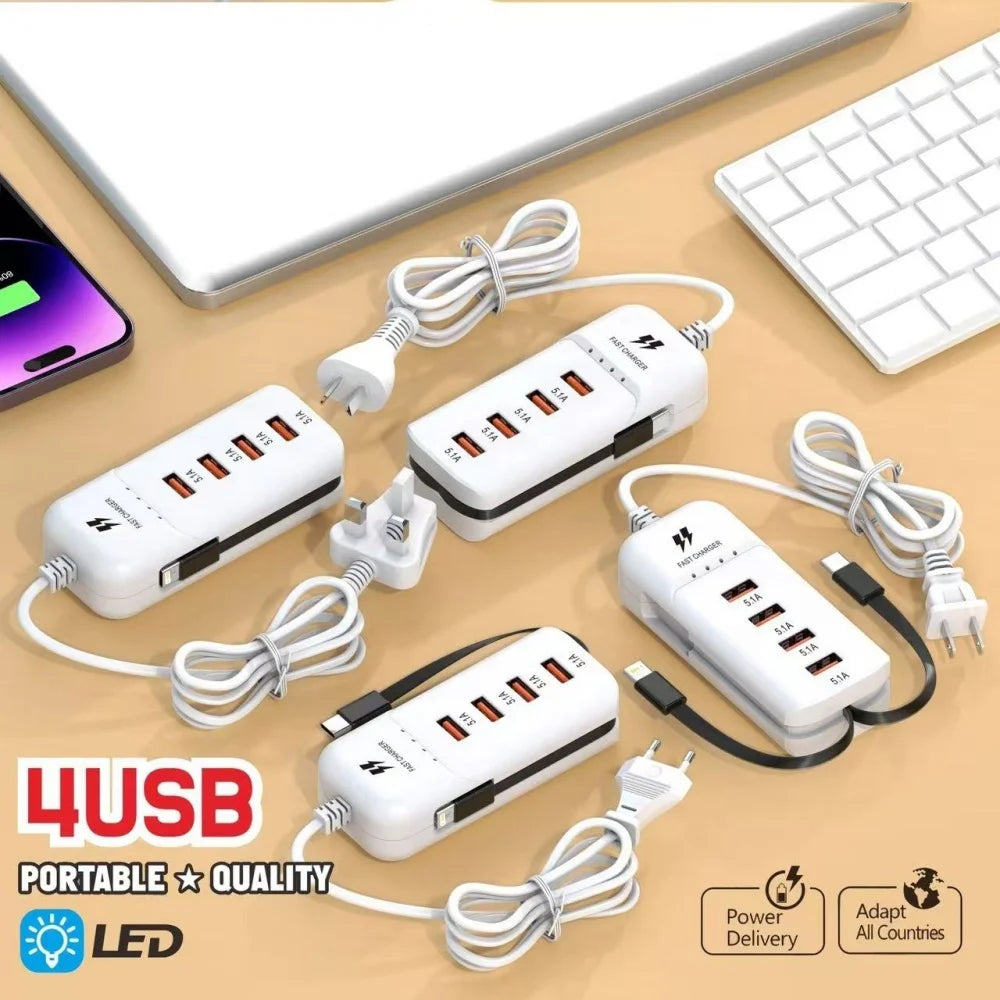 66W USB-C Fast Charger Station PD QC3.0 | 4-Port Wall Charger