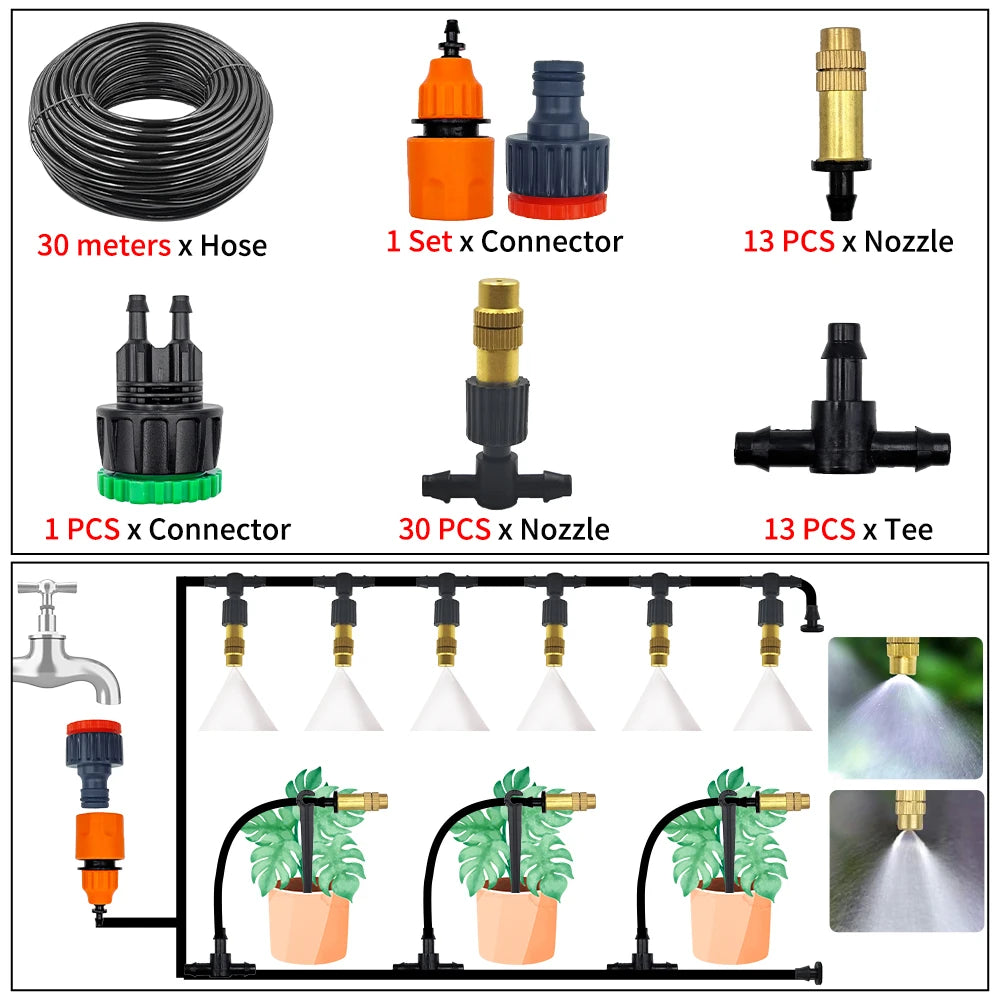 5M-30M Garden Brass Misting Cooling System Irrigation Watering 1/4'' Atomizer Nozzles 4/7mm Hose for Outdoor Greenhouse Pot Peaceful Pleasures Health and Wellness 30M