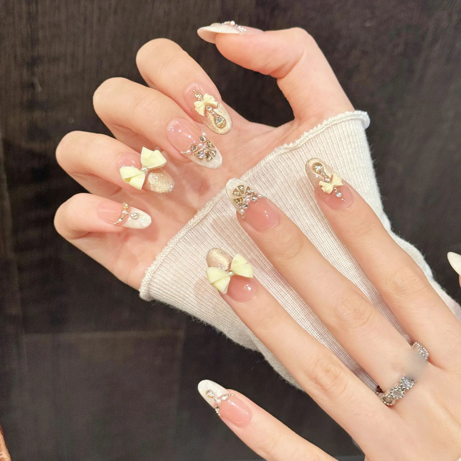 10pcs Handmade Cat's Eye Nail Art Press on Nails 3D Bow Light Luxury False Nails Wearable Pink Gentle French Fake Nails Decor Peaceful Pleasures Health and Wellness