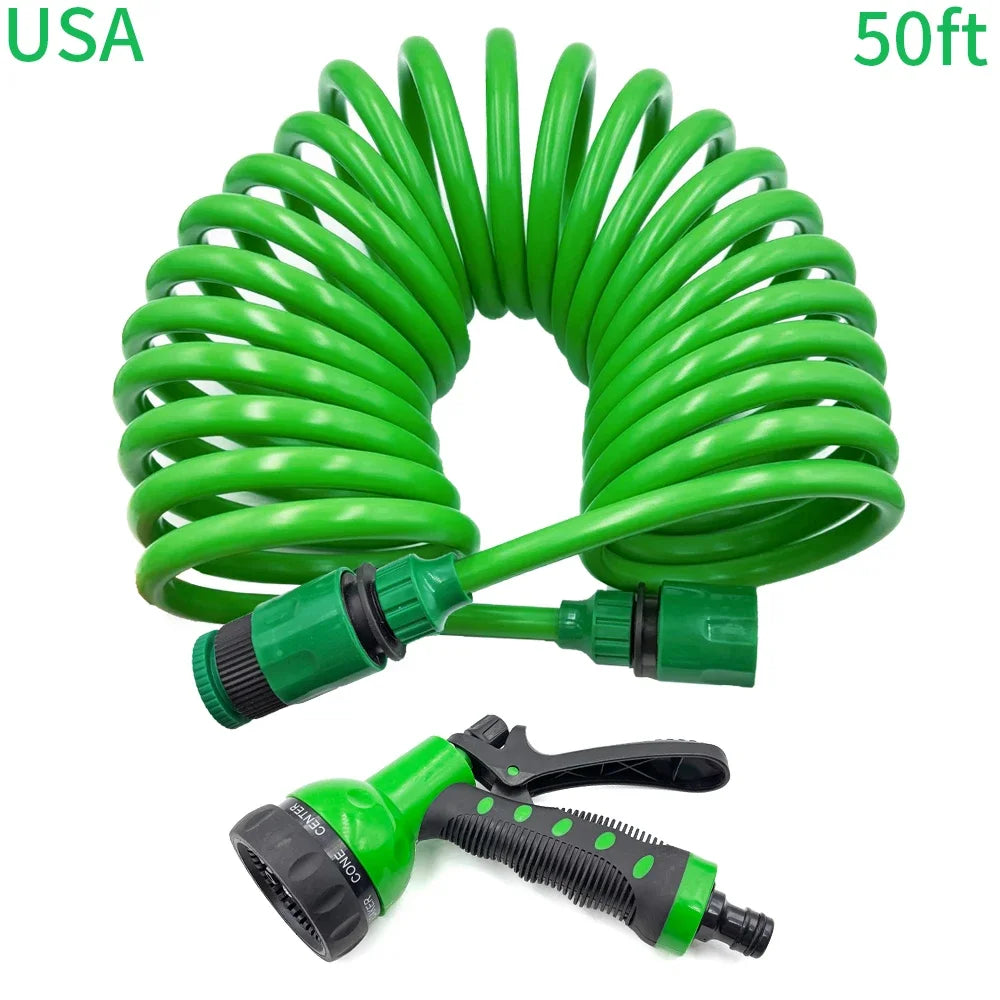 Garden Irrigation Water Hose Sprinkler Garden Hose with 8 Patterned Nozzles Car Cleaning Spring Pipe Plastic Hose Peaceful Pleasures Health and Wellness 50ft Green US Stand