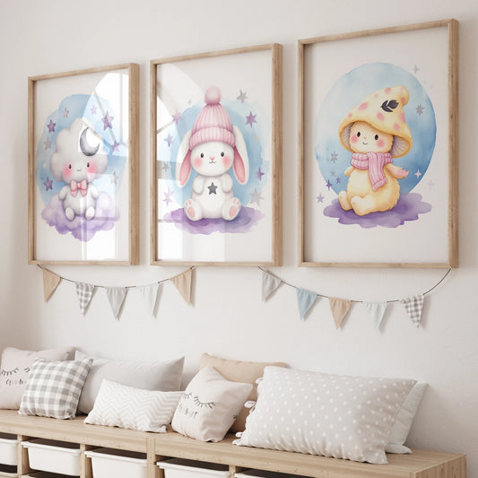 Cartoon Watercolor Purple Animal Canvas Wall Art | Kids Room Canvas Wall Art Peaceful Pleasures Health and Wellness