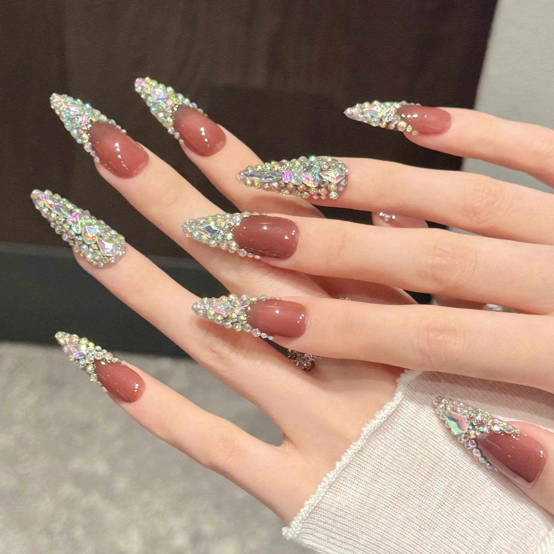 10pcs Rhinestones Handmade Press On Nails Long Pointed Fake Nails Colorful Full Diamond Decor Wearable French Flash False Nails Peaceful Pleasures Health and Wellness