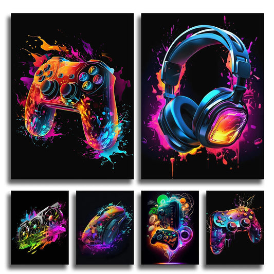 Neon Gaming Canvas Wall Art | Gamepad & Character Poster Gaming Canvas Poster Peaceful Pleasures Health and Wellness