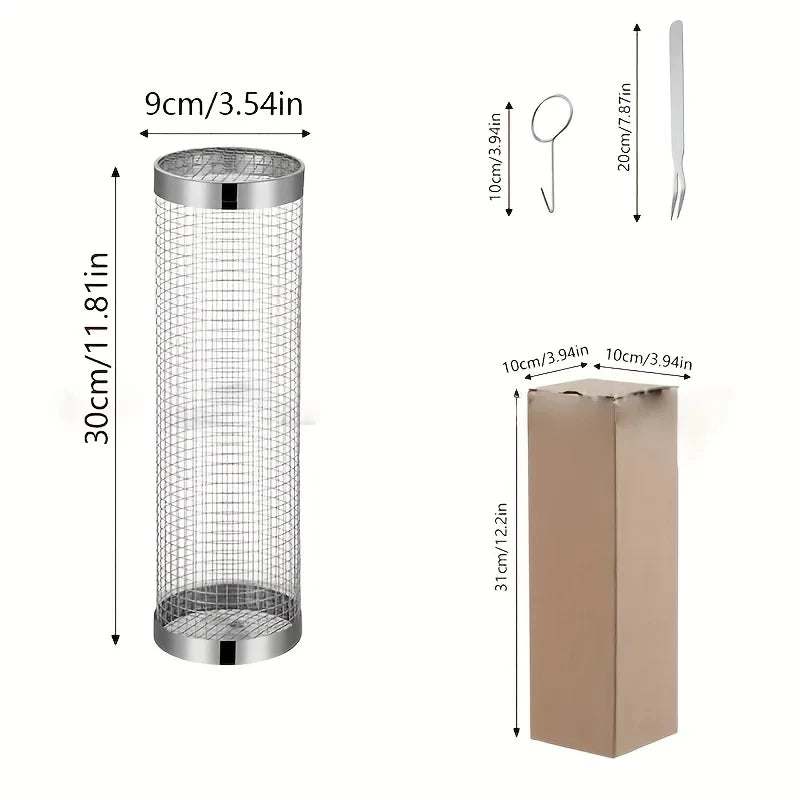 Round BBQ Basket Stainless Steel Rolling Grilling Basket Wire Mesh Cylinder Grill Basket Portable Outdoor Camping Barbecue Rack Peaceful Pleasures Health and Wellness 1 Set