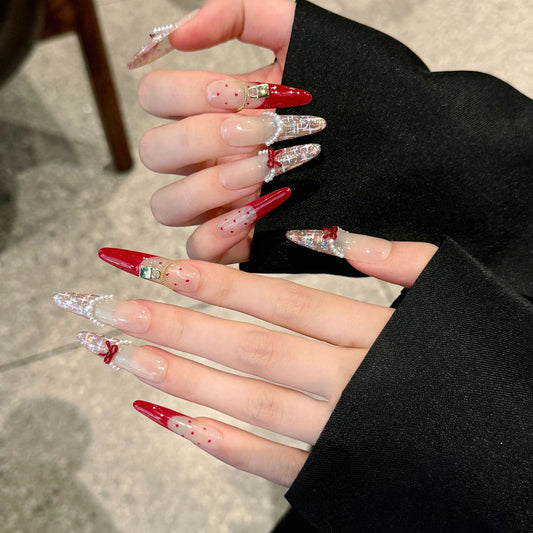 Handmade Long Oval Press on Nails Sweet Red Bow French Fake Nails Full Cover Wearable Shiny Sequins Korean Cute False Nail Tips Peaceful Pleasures Health and Wellness