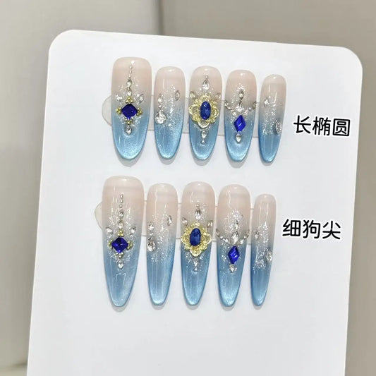 10PCS Handmade Press on Nails Light Luxury Fake Nails Ice Blue Cat Eye French Tip Wearable Flash Diamond Decor Almond False Nail Peaceful Pleasures Health and Wellness