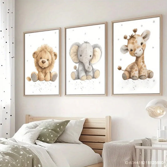3pcs Frameless Canvas Posters, Prints Lion, Elephant, Giraffe, Stuffed Animals, Animal Cubs Pattern, Minimalist Home Wall Decor Peaceful Pleasures Health and Wellness