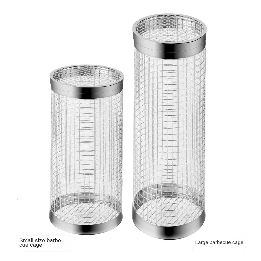 BBQ Basket Stainless Steel Rolling Grilling Basket Cylinder Grill Basket Portable Round Outdoor Camping Barbecue Rack with Lid Peaceful Pleasures Health and Wellness