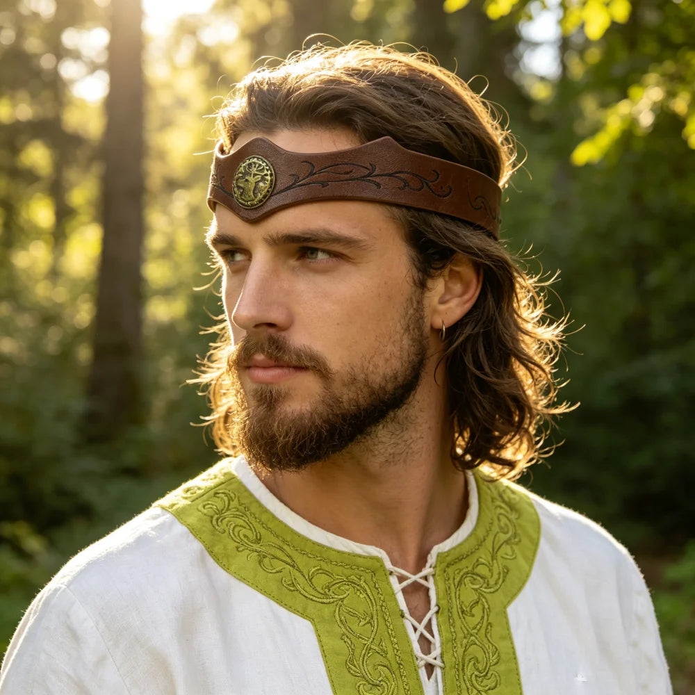 Viking Deer Medallion Leather Headband Medieval Tree Pattern