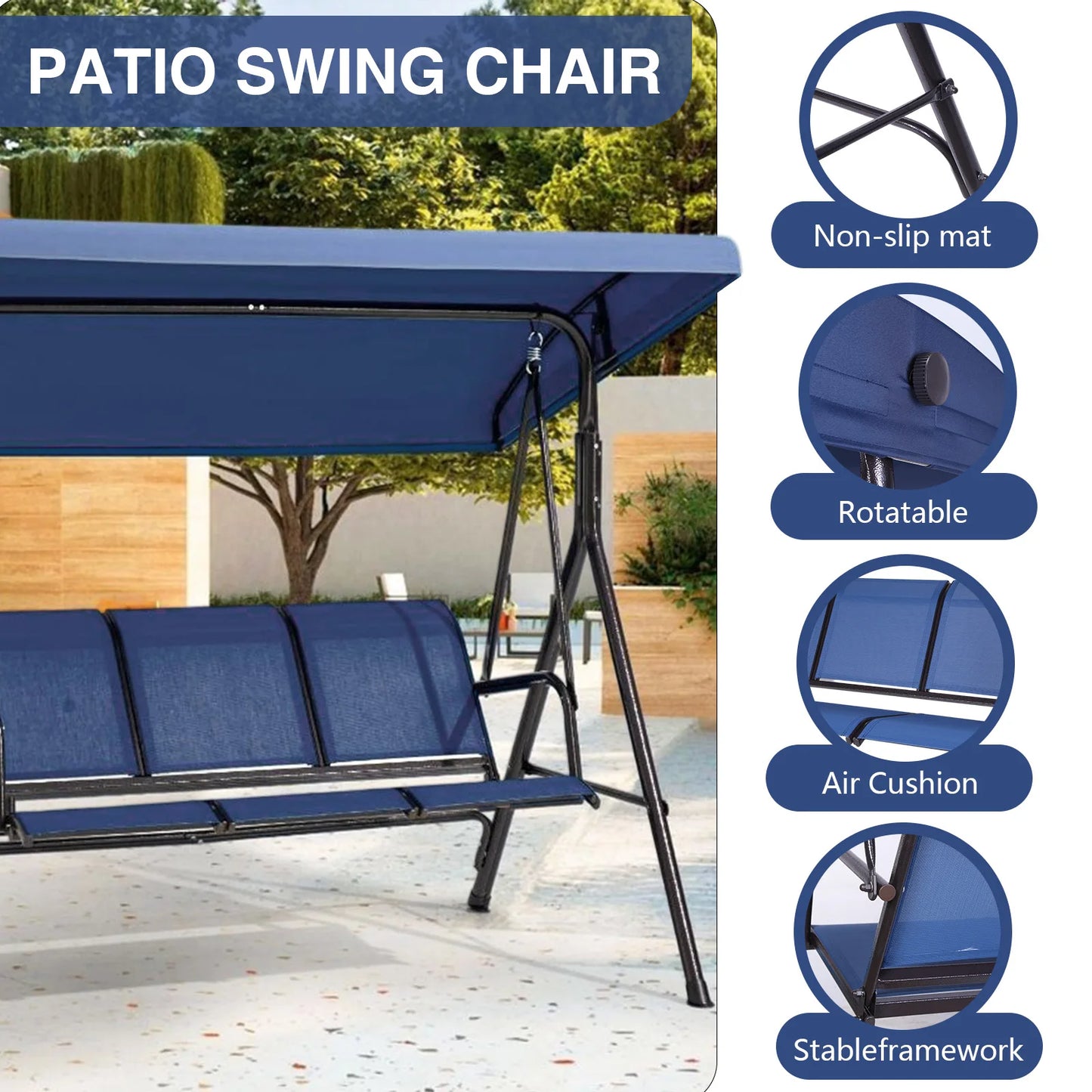 3-Seat Patio Porch Swing with Adjustable Canopy Peaceful Pleasures Health and Wellness