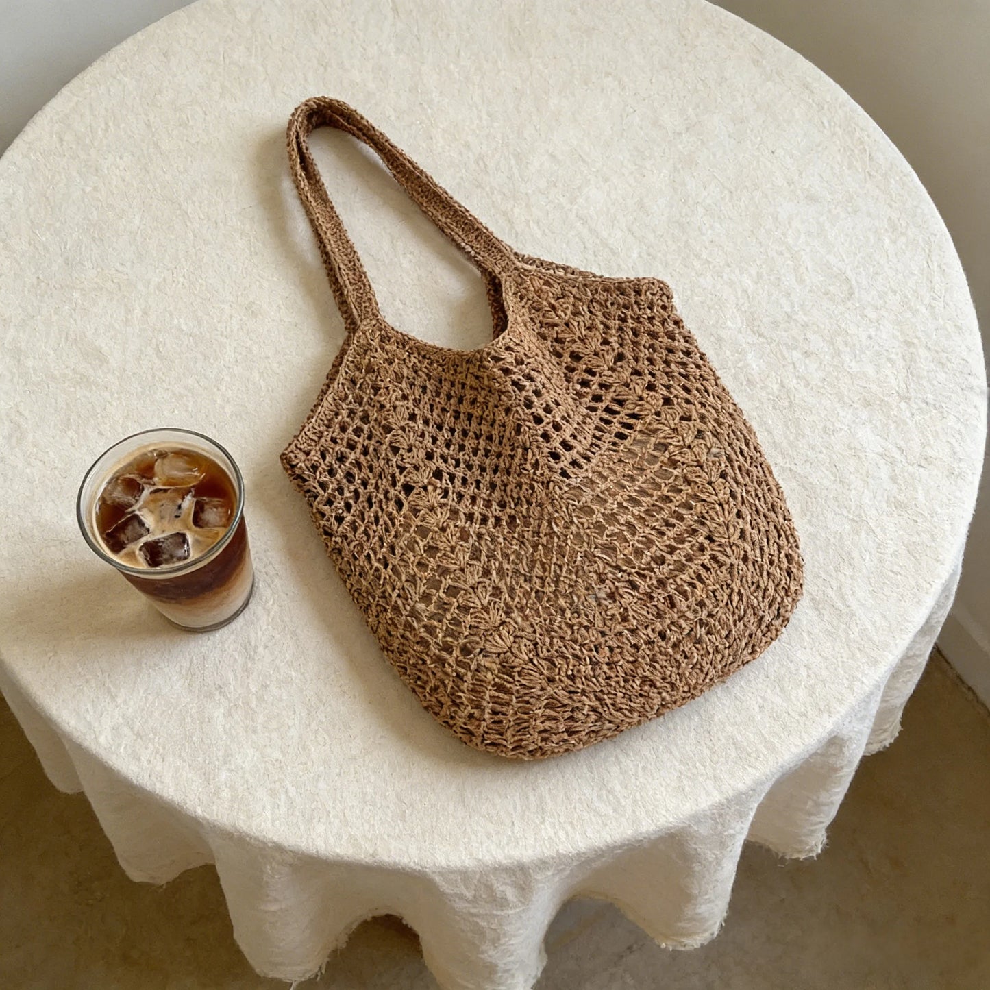 Women's Mesh Straw Beach Tote Bag – Foldable Summer Bag Beach Tote Bag Peaceful Pleasures Health and Wellness Brown