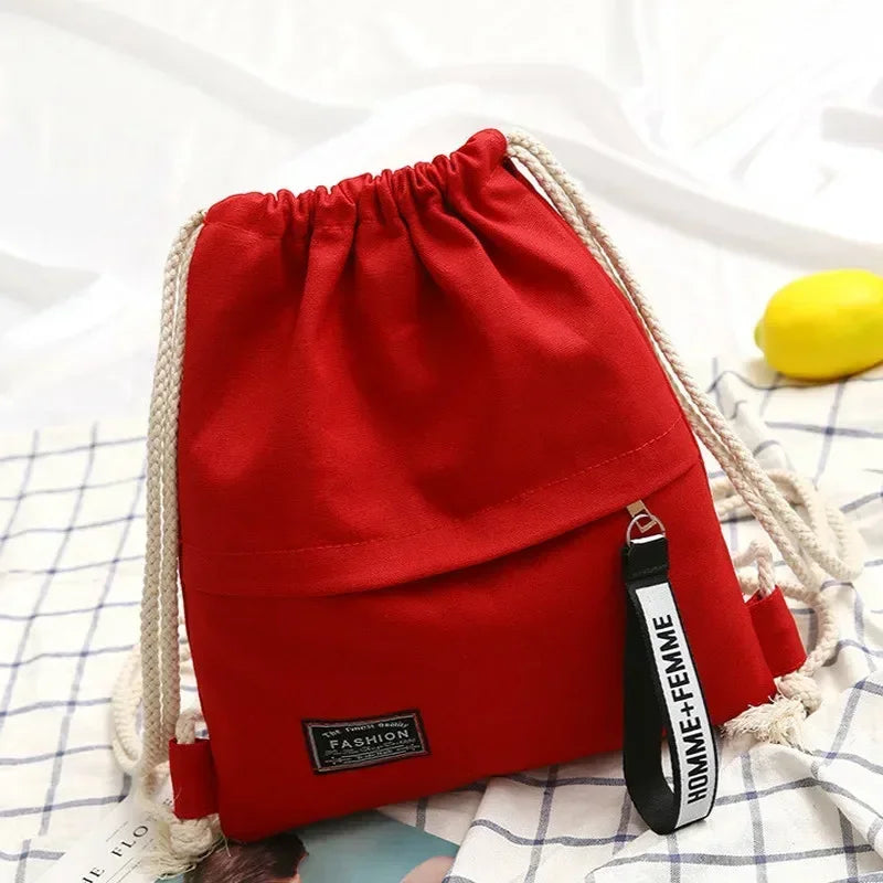 Canvas Drawstring Backpack Casual School Bag Double Shoulder Travel