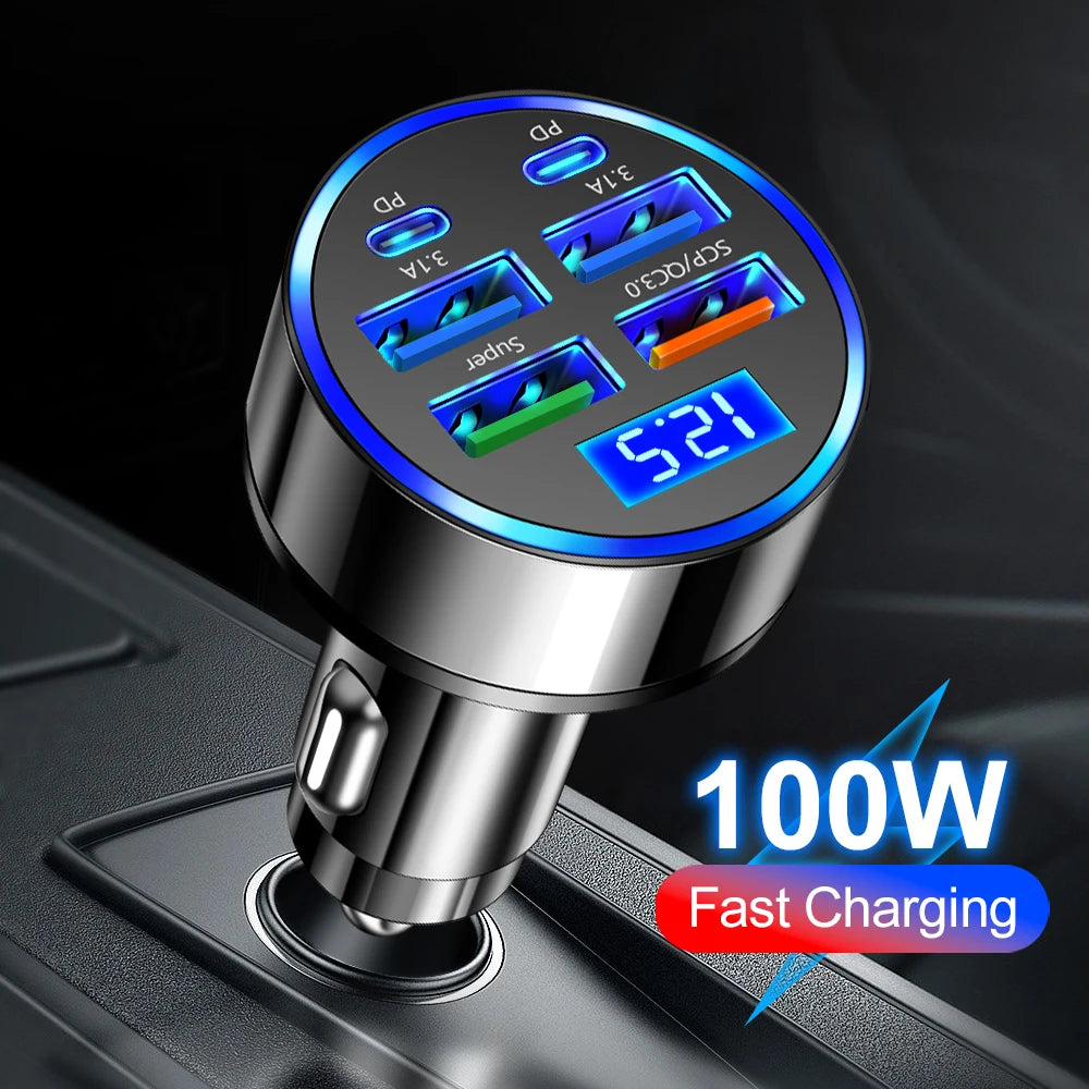 100W 6-in-1 Car Charger PD QC3.0 Fast Charging Adapter 2PD+4USB Digital Display 12-24V For iPhone Samsung Xiaomi Peaceful Pleasures Health and Wellness Default Title