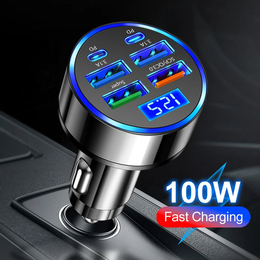 100W 6-in-1 Car Charger PD QC3.0 Fast Charging Adapter 2PD+4USB Digital Display 12-24V For iPhone Samsung Xiaomi Peaceful Pleasures Health and Wellness Default Title