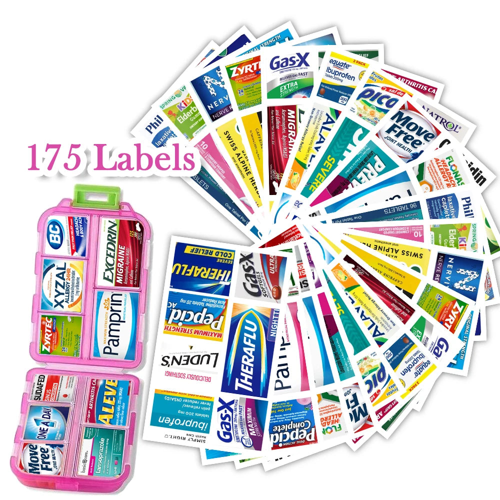 10 Grids Pill Organize Storage Container with 175 Labels Pill Case Health Medicine Organizer Travel Supply Mini Pill Box Peaceful Pleasures Health and Wellness Pink