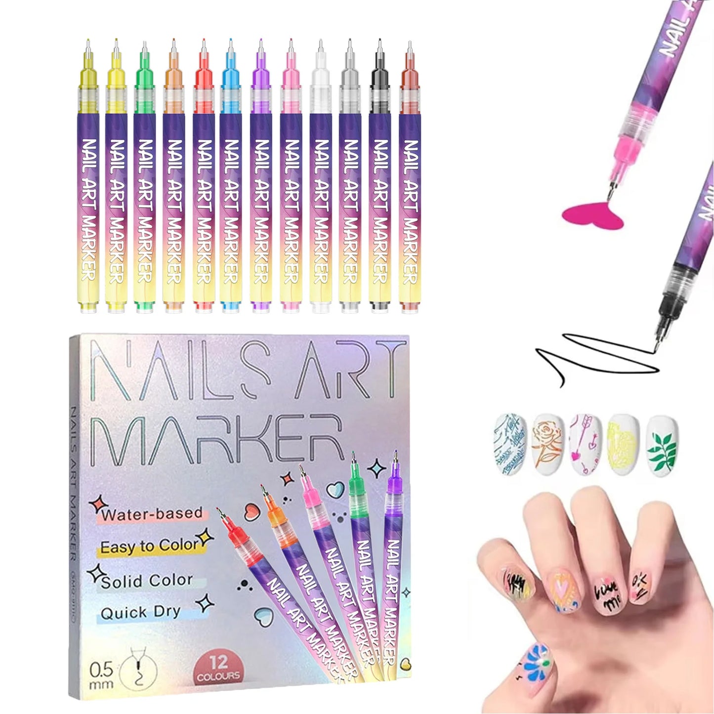 12-Piece Nail Art Graffiti Pen Set – Multi-Color Fine Line DIY Peaceful Pleasures Health and Wellness