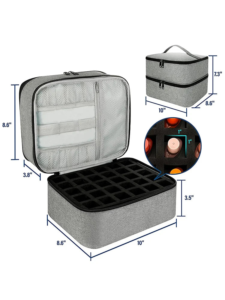 Nail Polish Storage Bag Essential Oil Bag Portable Cosmetic Nail Care Kit Nail Care Tool Storage Box Double Layer 30 Compartment Peaceful Pleasures Health and Wellness