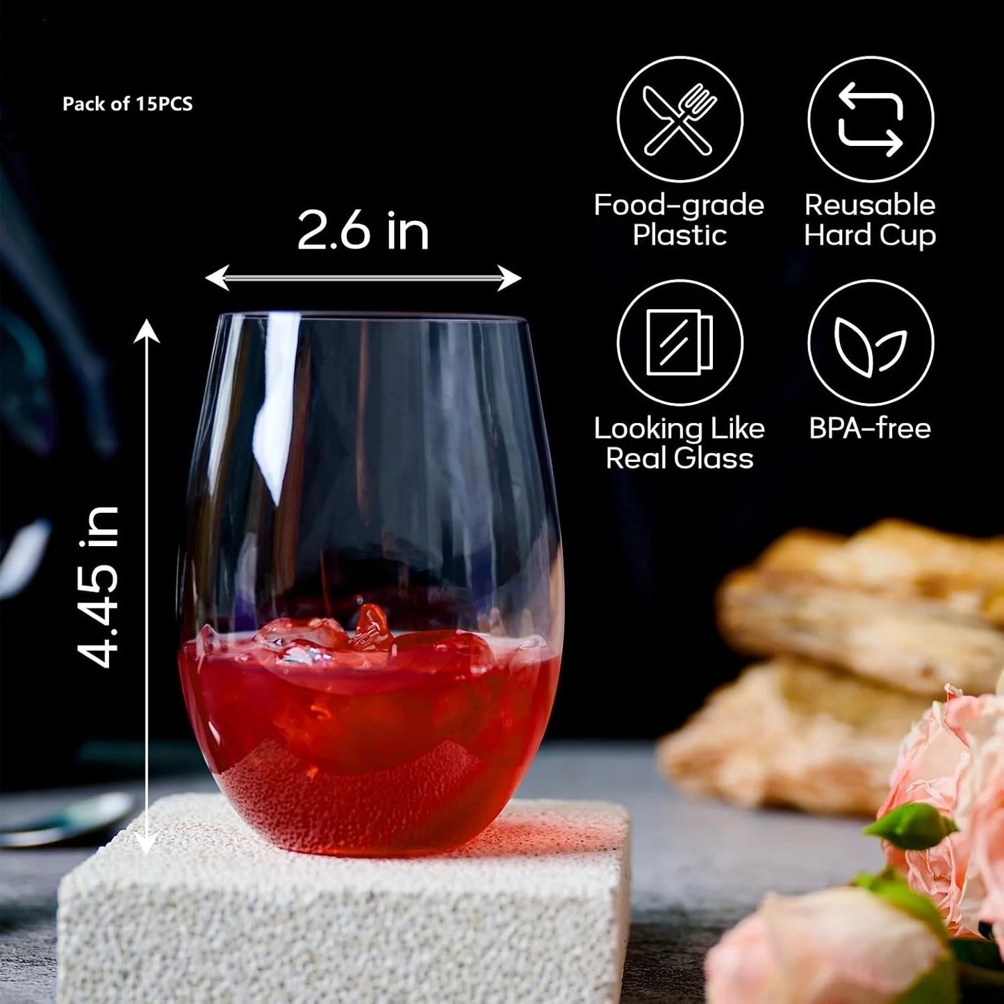 15PCS 16 OZ Plastic Wine Glasses, Stemless Plastic Wine Cups Heavy Duty Unbreakable Disposable Wine Glasses for Wedding or Party Peaceful Pleasures Health and Wellness