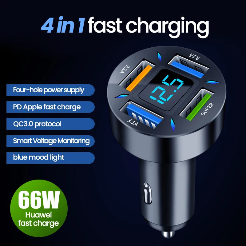 4-Port 66W Car Charger PD QC3.0 Fast Charging USB Type-C