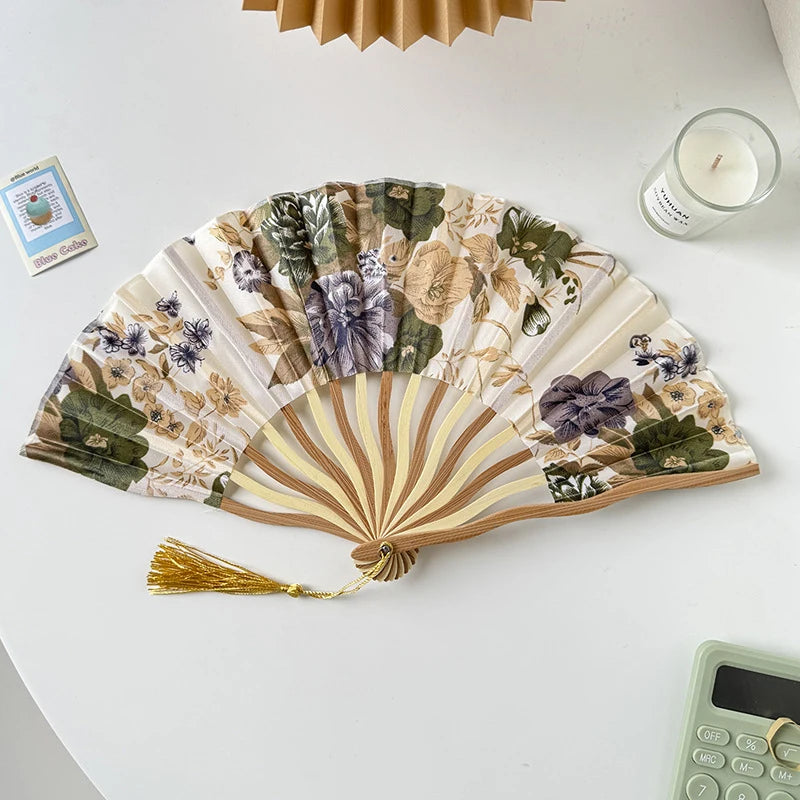 Silk Bamboo Folding Hand Fan – Vintage Floral Wedding & Dance Fan