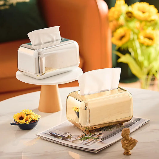 Luxury Golden Tissue Boxes Storage Napkin Holder Paper Case Organizer Peaceful Pleasures Health and Wellness