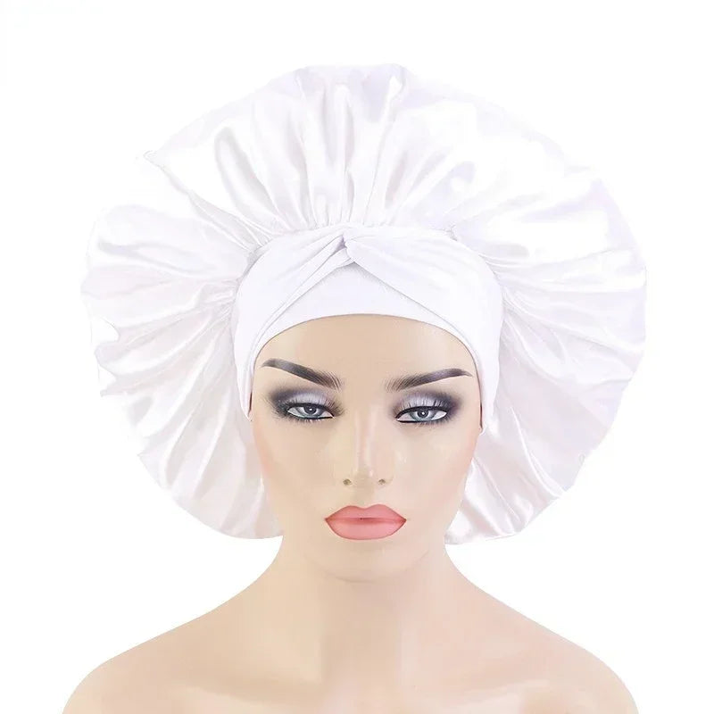 Silk Night Sleeping Cap, Large Satin Bonnet, Bonnet Edge Wrap For Women Curly Braid Hair With Head Tie Band Peaceful Pleasures Health and Wellness WHITE