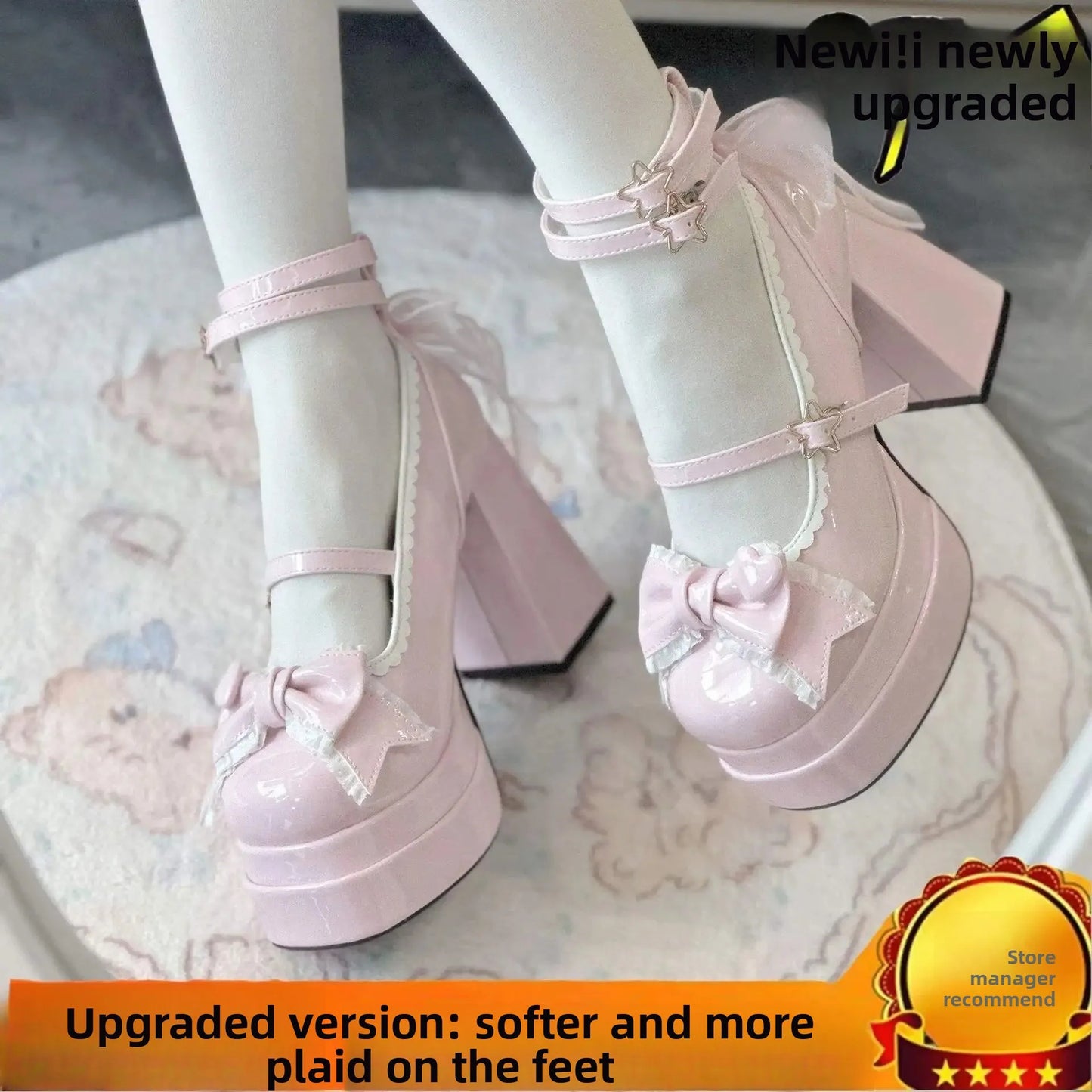 Fashion Versatile Sweet Cute Round Head High Heels Party Shoes New Lolita Flat Bottom Shoes Artificial Leather Party High Heels Peaceful Pleasures Health and Wellness pink 41